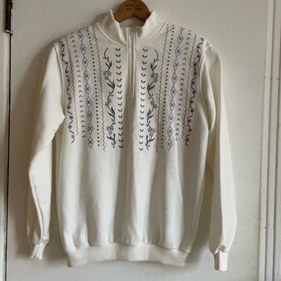 Vintage 80s embroidered cream poly cotton Tan Jay pullover sweater size small - Picture 6 of 14